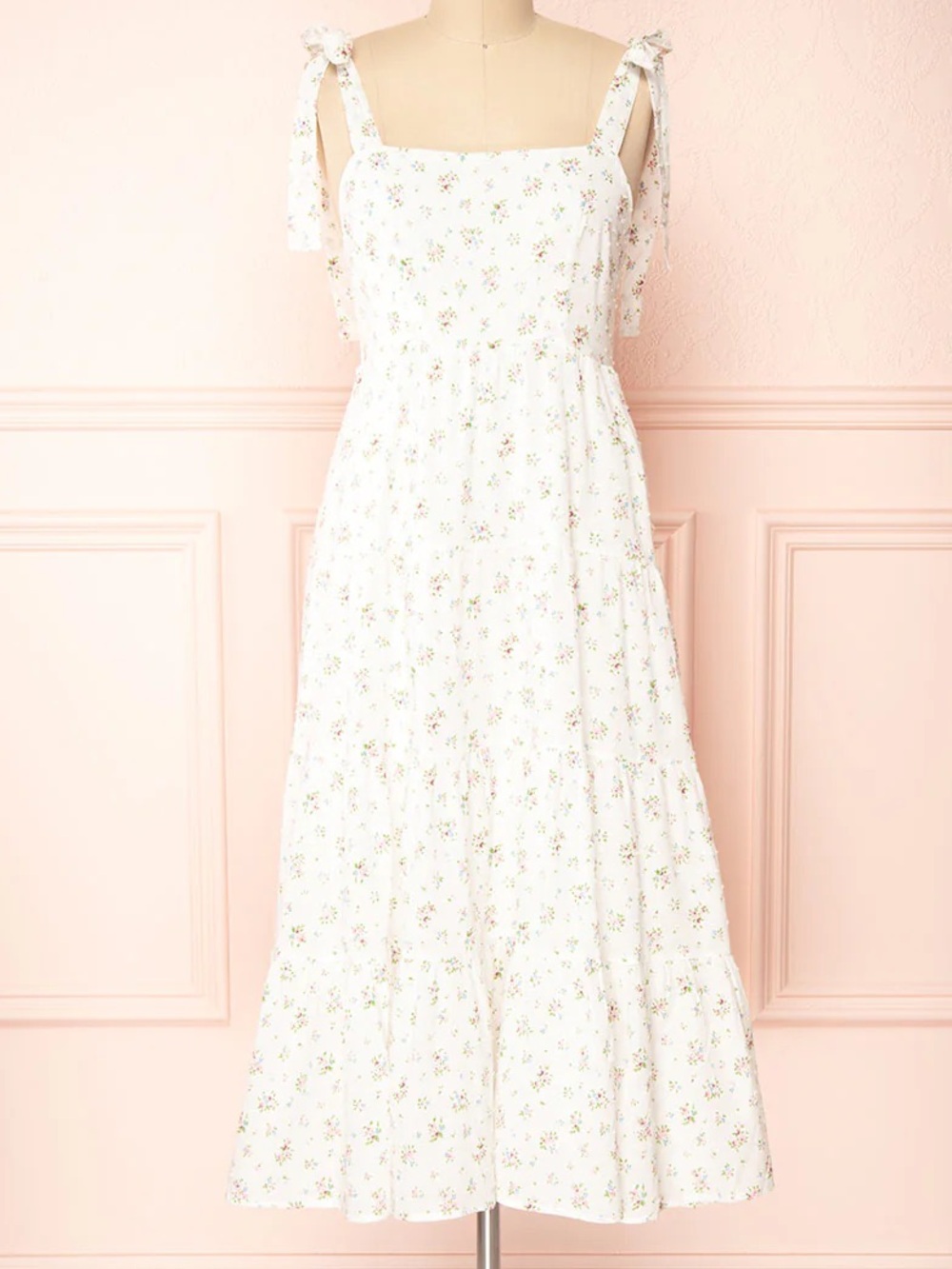 Storia White Floral Midi Cotton Swiss Dot Tiered Dress With Pink Accents - Picture 2 of 8